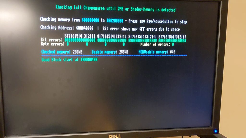 Photo of a monitor displaying DiagROM output from the Commodore Amiga 500, doing a memory test with 255k of memory tested so far