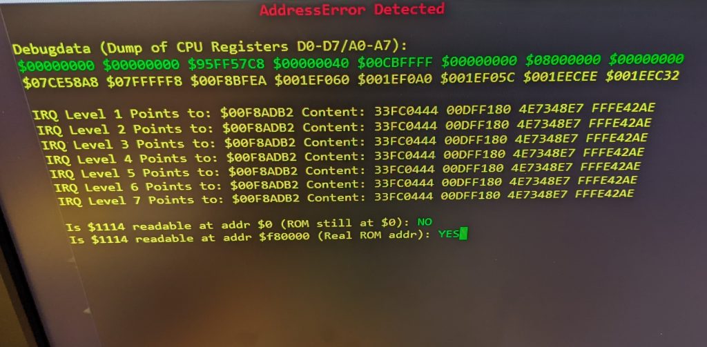 Screen shot of the Amiga DiagROM outputting "AddressError Detected", a dump of CPU registers D0-D7 and A0-A7, and each IRQ.