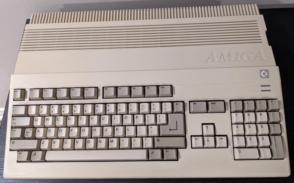 Top down view of the Commodore Amiga 500, in fairly clean condition
