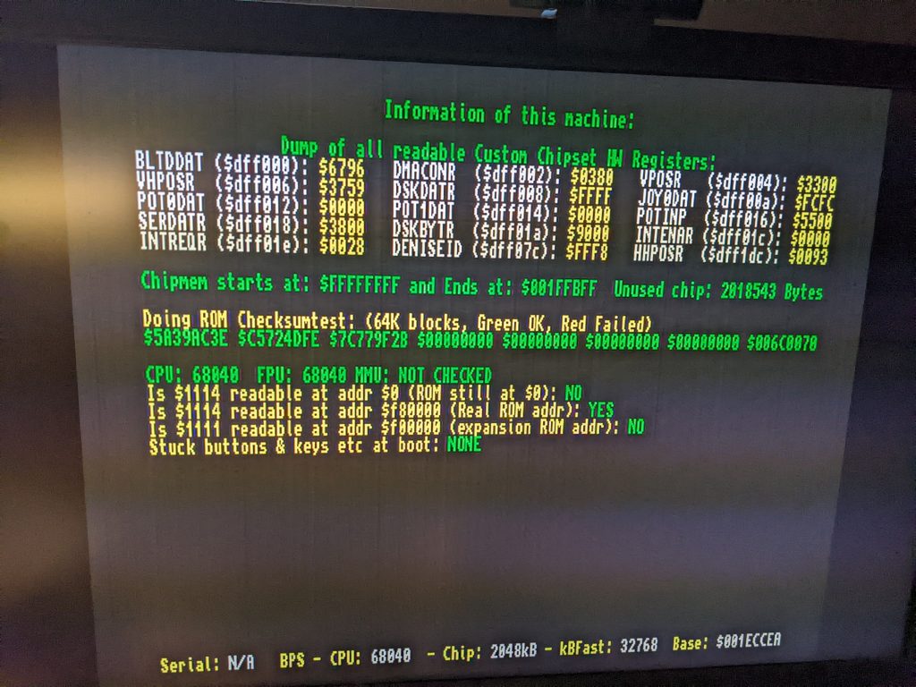DiagROM System Information screen on a Commodore Amiga 4000, showing all resolved custom chipset registers, fully detected 2mb of Chip RAM, a passed ROM checksum test, and the detected 68040