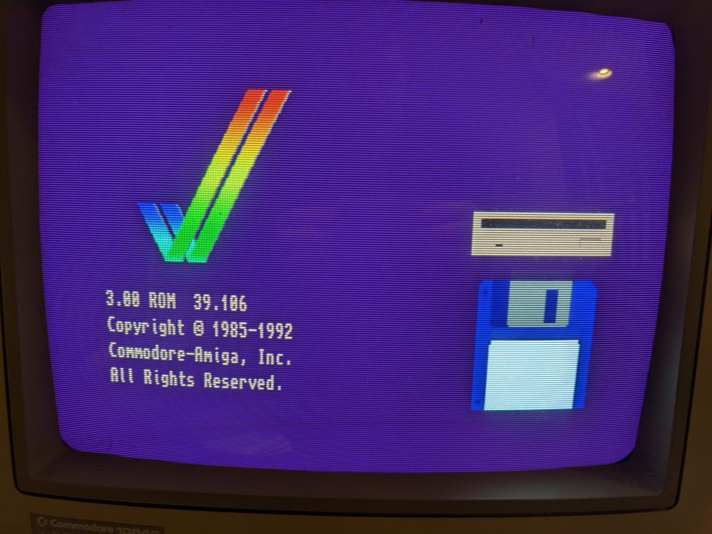 Commodore Amiga 4000 boot screen of the 3.00 ROM, requesting the user to insert a floppy
