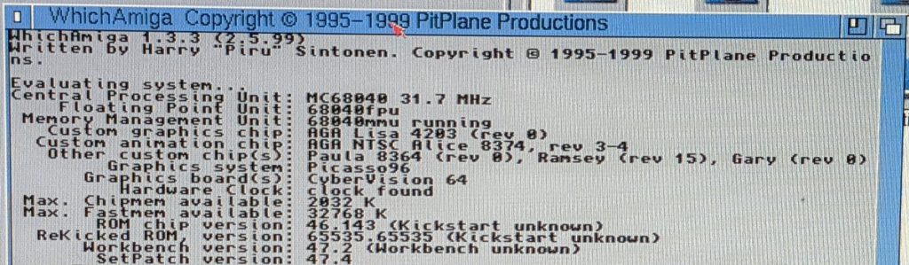 Image of the WhichAmiga program running on the Commodore Amiga 3000, highlighting "Hardware Clock: clock found".