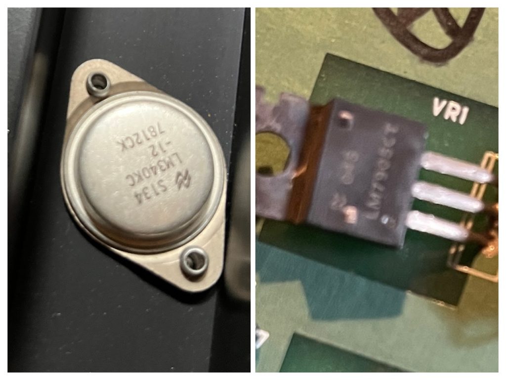 Combined image of a 7812CK 12v voltage regulator and a LM7905CT -5v voltage regulator, as installed in a Commodore PET.