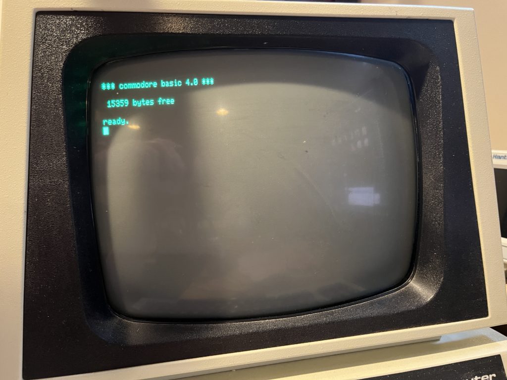 Picture of the startup screen of a Commodore PET, stating "commodore basic 4.0" and "15359 bytes free"