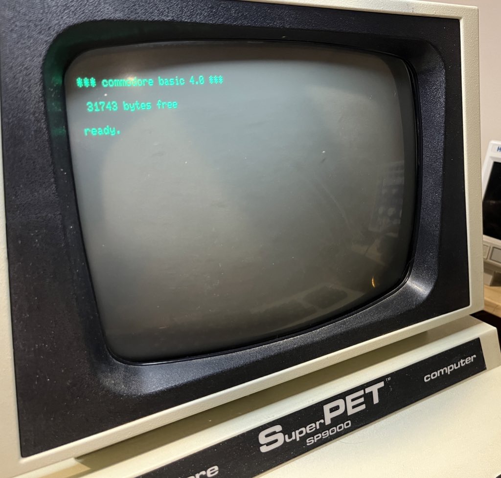 Picture of the startup screen of a Commodore PET, stating "commodore basic 4.0" and "31743 bytes free"