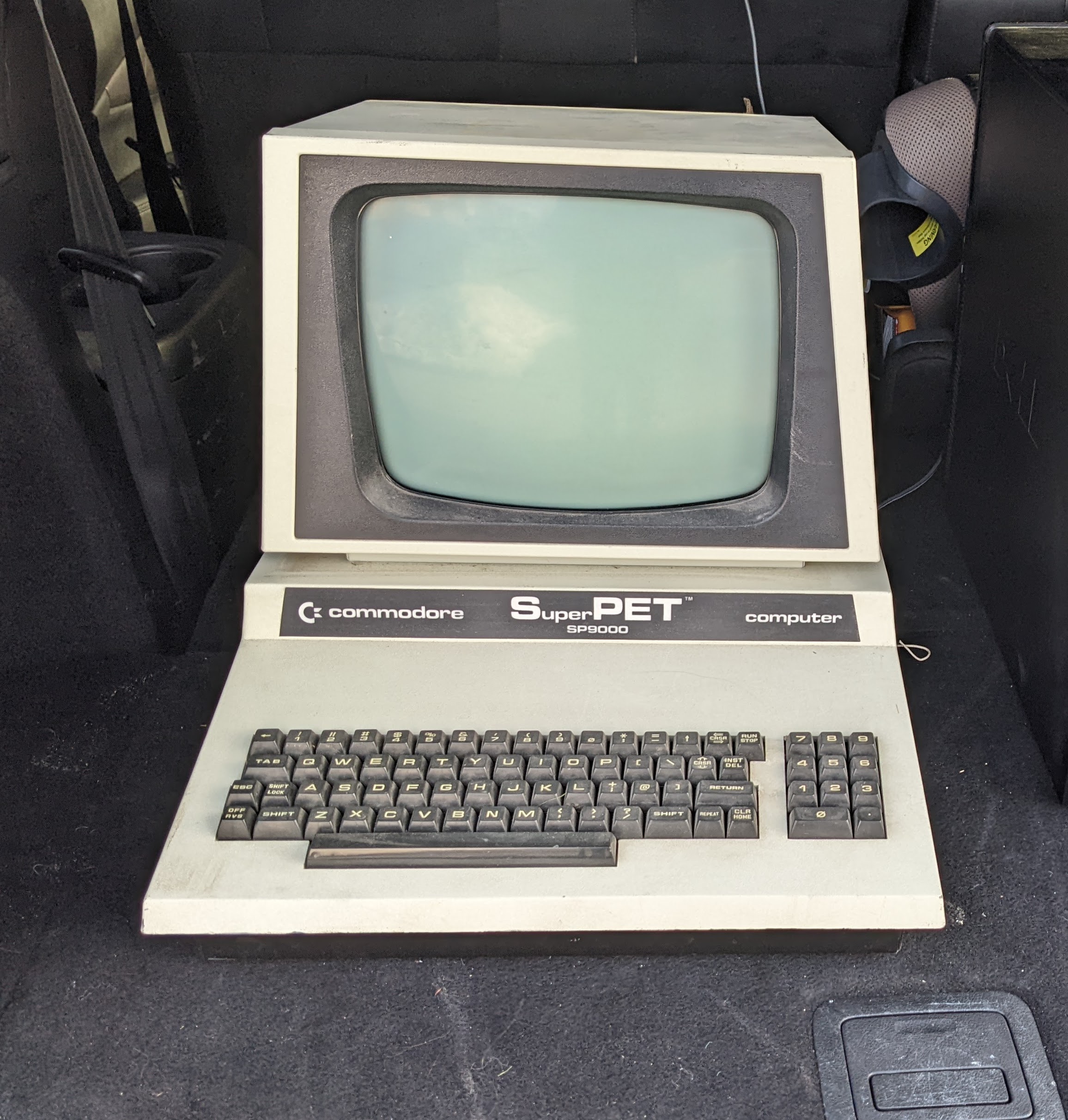 Commodore SuperPET computer with a keyboard and built in monitor, powered off